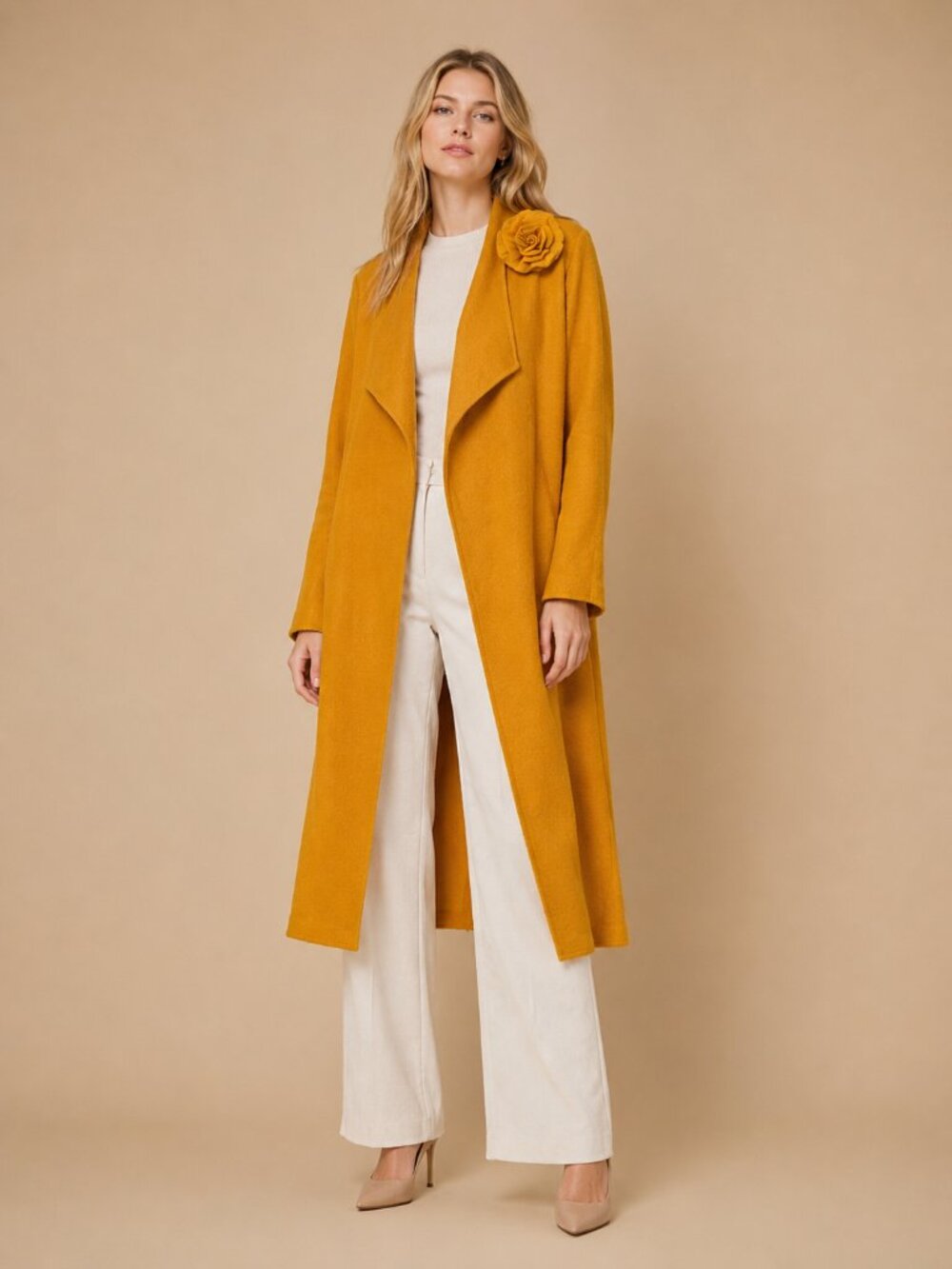 TAHARI Wool Blend Shawl Open Overcoat with Boutonnière Pumpkin Medium #A4241
